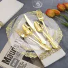 Disposable Dinnerware 175 Pcs Tableware Transparent Golden Plastic Tray With Silverware Glasses Birthday Wedding Party Supplies