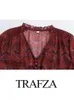 Casual Dresses TRAFZA Spring Elegant Women's Long Sleeve V Neck Lace Robe Pleated Mini Skirt Lined Retro Fashion Print Dress