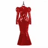 Casual Dresses Luxury Dress Glossy PVC Leather Låsbar full hylsa mantel maxi höghals puff bodycon lång klänning kväll 7xl