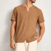Men's Casual Shirts Fashion Breathable Shirt Summer Short Sleeve Solid Brown Loose V-neck Cool Top Clothing For Man