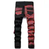 Mode Rode Plaid Patchwork Punk Rits Mannen Potlood Jeans Broek Y2K Gesp Hip Hop Gothic Slanke Denim Broek Pantaloni Uomo 240309