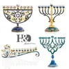 H&D Hand Painted Enamel Floral Hanukkah Menorah Candlestick 9 Branch Candelabra Embellished with Crystals Star of David Hamsa239d