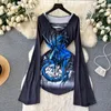 Casual Dresses 2024 Autumn Design Chest Lace Up V-neck Bodycon Dress Women Fashion Flare Long Sleeve Slim Fit Print Irregular Short