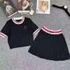 2024 Knitted Women fragrance letter embroidered round neck color-blocking knitted short-sleeved women's top pleated skirt two-piece suit Outfit Elegant Casual Daily