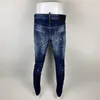 남자 청바지 패션 빈티지 남성 고품질 레트로 블루 스트레치 슬림 한 찢어진 가죽 패치 디자이너 힙합 브랜드 바지