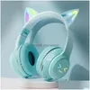 Headphones Earphones Wireless Rgb Cute Cat Girls Kids Gift Headset With Microphone Stereo Music Gaming Headsets Control Lights Dro Dhncd