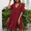 Festklänningar Kvinnors 5-delad ärmmode Fashion Solid Color V-Neck Dress Summer Causal Loose Straight Mini Daily Beach Vacation Semester