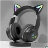 Headphones Earphones Wireless Rgb Cute Cat Girls Kids Gift Headset With Microphone Stereo Music Gaming Headsets Control Lights Dro Dhncd