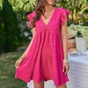 Summer Womens Dress V Neck Ruffle Kort kjol Solid färg elegant