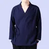 Camisetas para hombre de talla grande M-6XL camisetas de Color puro 2024 algodón y lino con tapeta oblicua de manga larga Hanfu ropa china Kimono