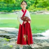 オリエンタルスタイルの女の子ホワイトチュニックシャツと赤いスカート2ピーススーツセット中国人子供