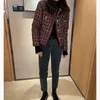 Elegant Weave Plaid Women Blazer Pocket Plus Velvet Winter Causal Tweed Coat Office Ladies Suit Jacket 240307