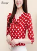 Polka Dot Kadın Üstler ve Bluz Beyaz Şifon Kırmızı Bayanlar Gömlekleri Günlük Vintage V Boyun Yay ofis Yarım Kol Blusa Mujer3473529