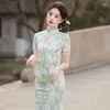 Etniska kläder 2024 Summer Fashion Chinese Traditionell klänning Vintage Printing Qipao Women Modern Eleganti Slim Fit Long Cheongsam Evening