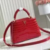 Explosion NEW Women's Capucines BB N93992 Rubis Red Brilliant Alligator pattern crocodile Snap hook to secure belongings high gloss New Classic Double carry style