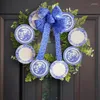 Decorative Flowers Blue Willow Christmas Wreath Front Door White Porcelain Plate Farmhouse Rustic Wall Art Artificial Decoration