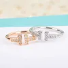 Designer Double T Open Ring with Diamonds for Women 18k Gold Plated Rose Light Luxury Small and Medium Adjustable High Quality T-Band Diamond 85H9