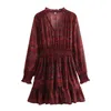 Casual Dresses Trafza Spring Elegant Women's Long Sleeve V Neck Lace Robe Pleated Mini kjol fodrad retro modetryck klänning