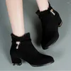 Boots Fashion Pleated Turned-over-Edge For Women 2024 Zippres Square High Heel Ankle Solid Round Toe Short Plush Female Shoes