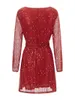 Casual Dresses Women Long Sleeve Sequins Glitter Dress Sexy Sparkly Loose Fit Party Cocktail Short Mini With Belt