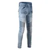 Jeans pour hommes Noir Multi-Poche Streetwear Mode Slim Patchs Plissé Biker Pour Hommes Moto Skinny Stretch Pantalon Déchiré