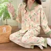 Women's Sleepwear Set Mujer Homewear Skin-friendly Size Top Pants Breathable Pajama Print Ruffle Plus Sleeve Long Cherry