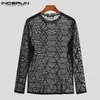 Men T Shirt Printed O-neck Long Sleeve Mesh Transparent Streetwear Sexy Party Nightclub Tee Tops Men Clothing INCERUN S-5XL 240312