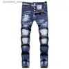 Jeans voor heren D2 Mannen Badge Rips Stretch paarse jeans Herenmode Slim Fit Gewassen Motocycle Denim Broek Panelen Hip HOP-broek L240313