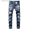 Jeans voor heren D2 Mannen Badge Rips Stretch paarse jeans Herenmode Slim Fit Gewassen Motocycle Denim Broek Panelen Hip HOP-broek L240313