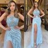 Praia árabe uma linha vestidos de noite azul tule miçangas apliques lantejoulas vestidos de baile sem mangas lado split vestidos de noche trem varredura