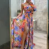 Casual Dresses Women's Evening Dress One Shoulder Backless Color Printed Single Long Sleeve Side Slit Hem Prom Party Banket