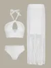 Swim Wear 2024 Hot Sale 3st. Bikini set med fransar kjol kvinnor baddräkt i fast färg biquini baddräkt kvinnor strandkläder akvatiska sport 240311