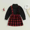 Kläder sätter 1-6 år småbarn Girls Spring Autumn Clothes set Black Long Sleeve Tops och Plaid Suspender kjolutrustningar för barn