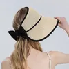 Womens Hat Summer Wide Brim Air Sun Hats UV Protection Top Empty Bow Hollow Straw Adjustable Ladies Foldable Beach 240309