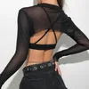 Débardeurs pour femmes Super Court Dentelle Femmes Hanche Transparent Mesh Sheer Dos Nu T-shirt À Manches Longues Sexy Crop Tops Bodycon Club Vêtements