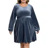 Robes décontractées Femmes Lâche Plus Taille Robe à col rond Couleur unie Automne Manches longues Noir Élégant Jupe mi-longue