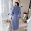 Abiti casual Velluto a coste Stampa Patchwork Lavorato a maglia Manica a petalo vintage Allacciatura A-line 2024 Collo mezzo alto Vita