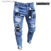 Herrenjeans Männer Jeans Knieloch Ripped Stretch Skinny Denim Hosen Einfarbig Schwarz Blau Herbst Sommer Hip-Hop-Stil Slim Fit Hose S-4XL L240313