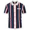 Summer Men Luxury Clothing Knit Short Sleeve Polo Shirt Casual Classics Stripes Lapel Button Slim Fit Cardigan Breattable Tops 240309