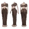 CM.YAYA Stacked Ruched Womens Set Off Shoulder Crop Top and Low Waist Maxi Long Skirts Sexy Party Two 2 Piece Sets Outfits 240307