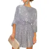 Casual Dresses Women Long Sleeve Sequins Glitter Dress Sexy Sparkly Loose Fit Party Cocktail Short Mini With Belt