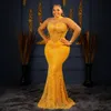 2024 African Plus Size Gold Prom Dresses for Black Women Illusion Evening Dresses Mermaid Beaded Lace Long Sleeves Formal Gowns For Birthday Party Engagement AM516