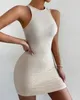 Sexy Womens Dress 2023 Summer Tank Top Fashion New Sleeveless O-Neck Keyhole Back Texture Mini Tight Solid Color Dress 240313