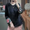 Vêtements ethniques 2024 Automne Broderie Art Chinois Chemise Style Tangsuits Chemisier Quotidien Dame Vintage Noir Amélioré