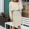 Work Dresses Women's Long Sleeve Lazy Style Fashionable Solid Knitted Dress Two Piece Medium Length Graduation Female Wedding Elegant Prom