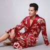 Men Silk Summer and Autumn Satin Kimono Bathrobe Golden Dragon Knee Length Long Sleeve Black Bath Robe Dressing Gown Sleepwear Y20299x