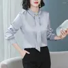 Frauen Blusen Mode Frau 2024 Herbst Weibliche Kleidung Perle Schnalle Krawatte Bluse Satin Büro Dame Tops Grundlegende Shirts Für frauen