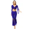 Stage Wear Belly Dance Costume Set For Women Mesh blossade ärmar Crop Top and Pants 2st Training Oriental Dancing Outfits