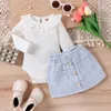 0-24m رضيع الفتيات ملابس الشتاء ملابس الملابس الدانتيل طوق البيت bodysuit و Blue Tweed التنانير اثنين من قطعتين ولدت مجموعات للفتيات 240301