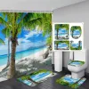 Rideaux Crépuscule Océan Rideau De Douche Ensemble Coucher De Soleil Plage Cocotiers Vagues De Mer Paysage D'été Maison Salle De Bain Décor Tapis De Bain Couvercle De Toilette Couverture